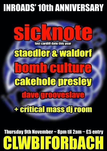 Inroads' 10th Anniversary flyer, Clwb Ifor Bach, Cardiff, Thu 9 Nov