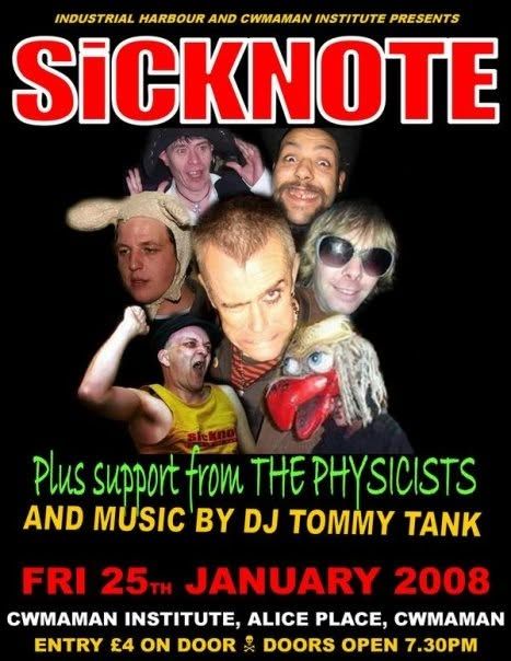 Sicknote + The Physicists flyer, Cwmaman Institute, 25 Jan 2008